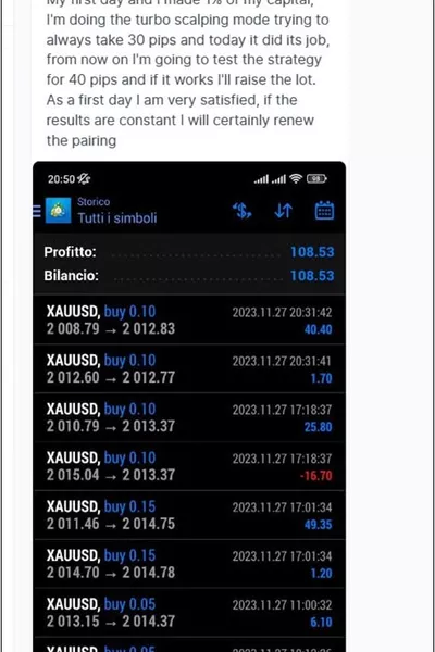 A customer testimonial that showcases MT4 trading results, earning a profit of $108.53.